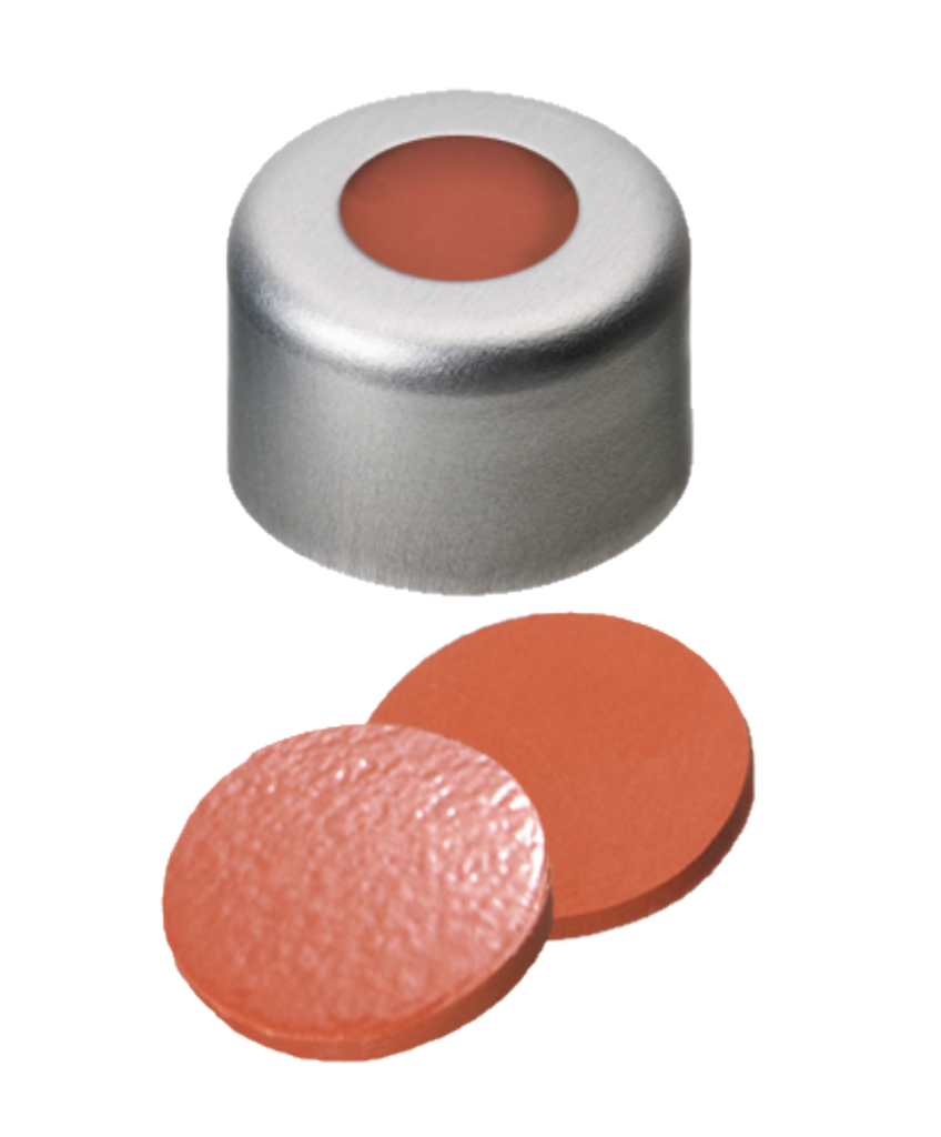 neochrom® capsule à sertir en aluminium ND8 incolore avec trou, caoutchouc naturel rouge-or./TEF transparent qualité AGILENT 100 pces/VE | art. no. 70610