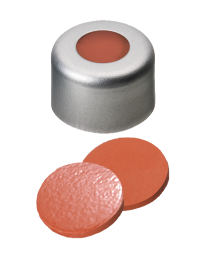 [70610] neochrom® capsule à sertir en aluminium ND8 incolore avec trou, caoutchouc naturel rouge-or./TEF transparent qualité AGILENT 100 pces/VE | art. no. 70610